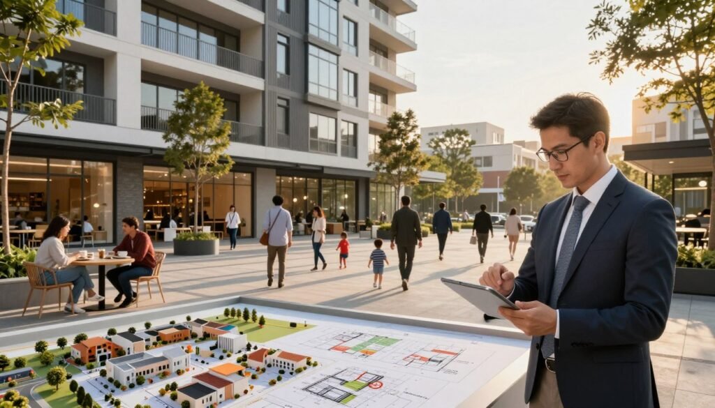A modern mixed-use development showcasing a blend of residential and commercial spaces, vividly depicted in a bustling urban environment. In the foreground, a professional businessperson in business attire is utilizing a tablet to analyze leasing opportunities, surrounded by architectural plans and models. The middle ground features a lively outdoor plaza with people engaging in casual conversation, sipping coffee at a café, and children playing, all while a mixed-use building with retail storefronts and apartments rises in the background. The scene is captured during golden hour, with warm, soft lighting casting dynamic shadows that create an inviting and hopeful atmosphere. Use a wide-angle lens to emphasize the scale and accessibility of the space. The brand "Thorne CRE" should be subtly integrated into the architecture’s design elements. A modern mixed-use development showcasing a blend of residential and commercial spaces, vividly depicted in a bustling urban environment. In the foreground, a professional businessperson in business attire is utilizing a tablet to analyze leasing opportunities, surrounded by architectural plans and models. The middle ground features a lively outdoor plaza with people engaging in casual conversation, sipping coffee at a café, and children playing, all while a mixed-use building with retail storefronts and apartments rises in the background. The scene is captured during golden hour, with warm, soft lighting casting dynamic shadows that create an inviting and hopeful atmosphere. Use a wide-angle lens to emphasize the scale and accessibility of the space. The brand "Thorne CRE" should be subtly integrated into the architecture’s design elements.