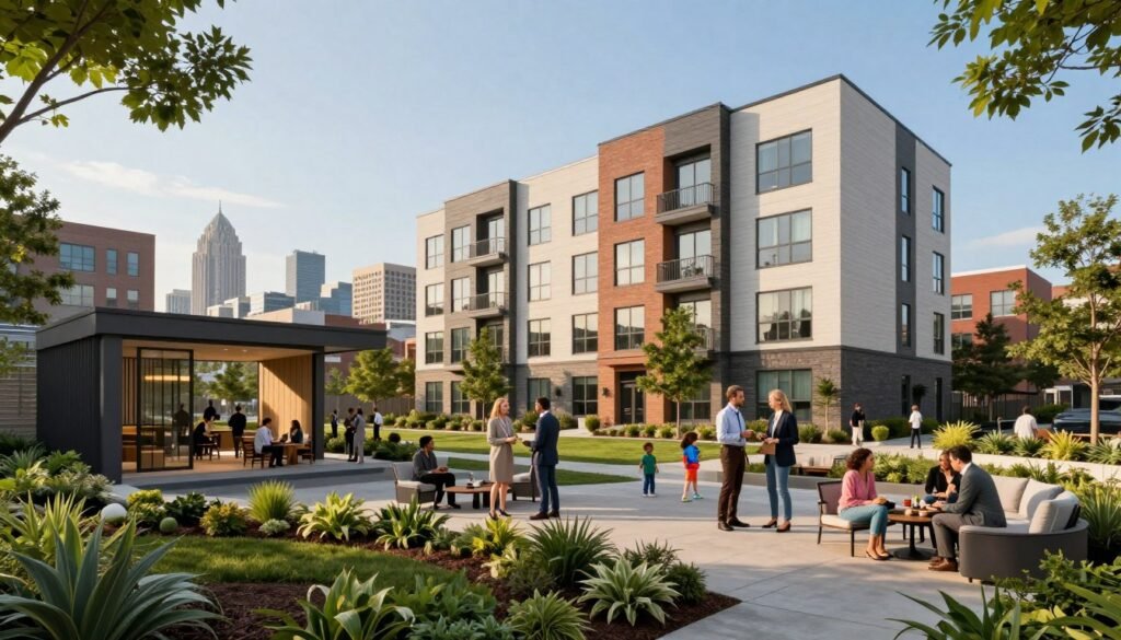 A modern multifamily apartment complex showcasing a blend of architectural styles, standing tall amidst a vibrant urban landscape in Pennsylvania. In the foreground, lush green landscaping with well-maintained gardens and a welcoming entrance featuring contemporary outdoor seating. The middle ground highlights a diverse group of residents, including individuals and families in professional business attire, enjoying the communal spaces, engaging in conversation, and children playing safely. The background features a skyline of the city, with a clear blue sky and soft, golden sunlight casting warm shadows, creating an inviting atmosphere. The image is captured with a wide-angle lens to emphasize the community aspect, and the overall mood is one of collaboration, comfort, and modern living in a thriving locale.