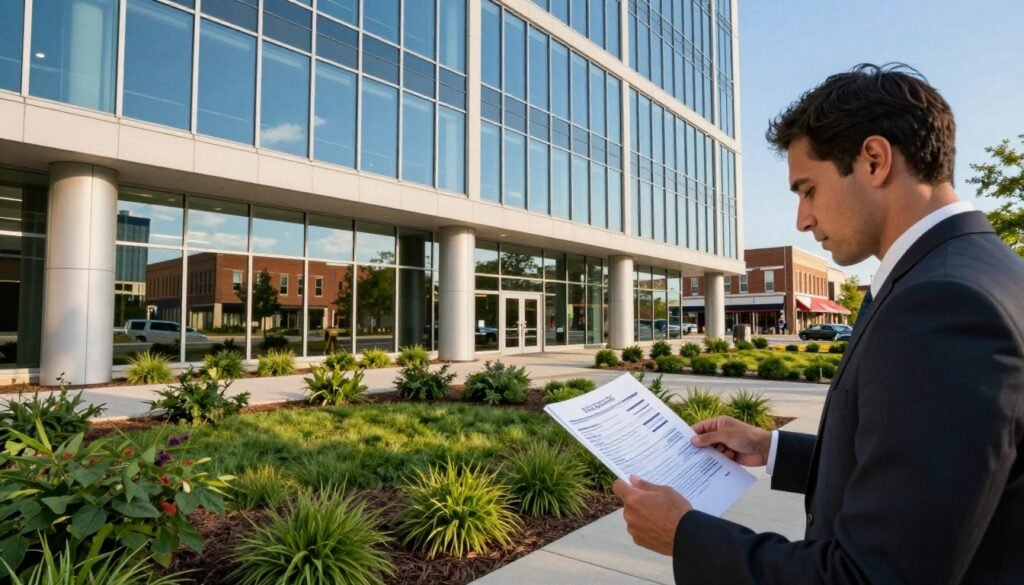 A modern office building façade with large glass windows, reflecting a vibrant blue sky. In the foreground, a well-dressed business professional examines a set of financial documents, symbolizing the strategic decision-making in commercial real estate. The middle ground features lush greenery and sleek sidewalks, suggesting a well-planned environment around the property. In the background, a bustling street with diverse businesses showcases a thriving commercial district. The lighting is warm and inviting, suggesting a late afternoon ambiance, enhancing the positive atmosphere of ownership versus leasing. Capture this scene from a slightly elevated angle to provide depth, evoking a sense of ambition and success in today’s market landscape in Iowa.