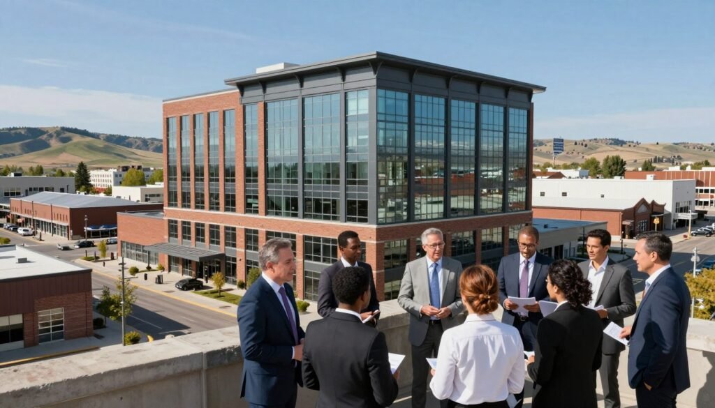A modern office building in a bustling Idaho city, showcasing a blend of brick and glass architecture. In the foreground, a diverse group of professional investors and business owners in business attire, discussing financial strategies. The middle ground features other commercial properties, such as retail spaces and warehouses, illustrating various financing solutions. The background captures the scenic Idaho landscape, with rolling hills and a clear blue sky. Bright, natural lighting illuminates the scene, creating an optimistic atmosphere. The image is shot from a slightly elevated angle to provide a dynamic perspective, enhancing the sense of opportunity and growth in the commercial real estate market.
