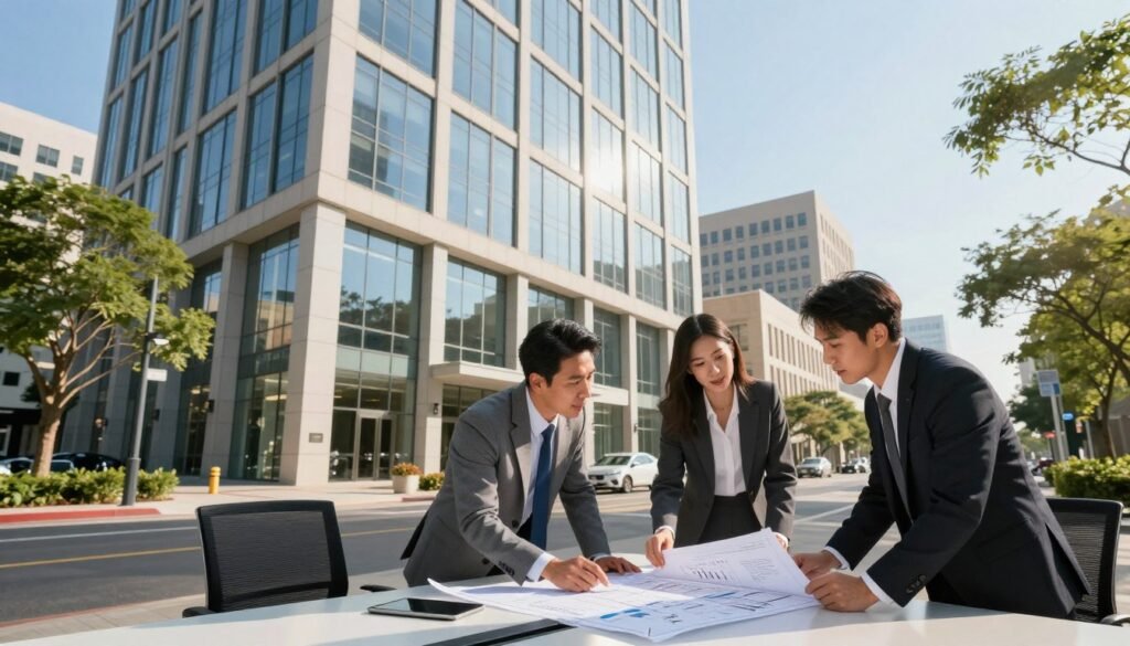 A modern office building in downtown Georgia, symbolizing commercial real estate financing, stands prominently in the foreground. Bright glass windows reflect the sunlight, while green trees line the streets, adding a touch of nature. In the middle ground, a professional business team in smart attire—two men and a woman—are engaged in a discussion, examining blueprints and financial documents on a sleek conference table, conveying strategic planning. The background features a clear blue sky and other office buildings, illustrating a thriving urban environment. Soft, warm lighting bathes the scene, creating an inviting and optimistic atmosphere, highlighting the potential of commercial real estate investments. The camera angle is slightly elevated to capture both the building and the team’s interaction effectively. A modern office building in downtown Georgia, symbolizing commercial real estate financing, stands prominently in the foreground. Bright glass windows reflect the sunlight, while green trees line the streets, adding a touch of nature. In the middle ground, a professional business team in smart attire—two men and a woman—are engaged in a discussion, examining blueprints and financial documents on a sleek conference table, conveying strategic planning. The background features a clear blue sky and other office buildings, illustrating a thriving urban environment. Soft, warm lighting bathes the scene, creating an inviting and optimistic atmosphere, highlighting the potential of commercial real estate investments. The camera angle is slightly elevated to capture both the building and the team’s interaction effectively.