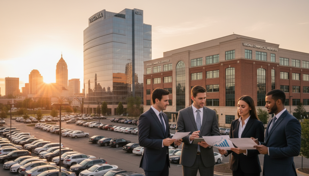 A modern office building reflects a dynamic commercial property landscape in Virginia, showcasing various architectural styles from sleek glass facades to warm brick designs. In the foreground, a diverse group of professionals in business attire discusses financing plans, with charts and documents in their hands, illustrating collaboration and strategic approaches. The middle ground features a large, well-maintained parking lot filled with cars, symbolizing accessibility and growth. In the background, the Virginia skyline glows under soft, golden hour lighting, casting long shadows and creating a welcoming atmosphere. The scene captures a sense of optimism and opportunity in commercial property loans, with a focus on professionalism and strategic financial discussions, rendered in high-resolution detail, wide-angle perspective.