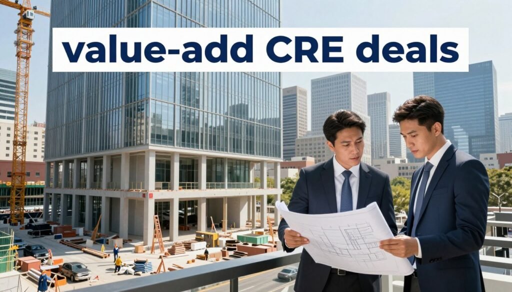 A modern office building set in an urban environment, showcasing the concept of "value-add CRE deals". In the foreground, a professional business person in business attire is analyzing blueprints and discussing with a colleague, both focused and engaged. In the middle ground, a partially renovated property can be seen with construction materials, cranes, and workers making improvements, emphasizing the transformation aspect of value-add investment. The background features a vibrant skyline under bright, natural lighting, conveying a sense of opportunity and growth. The scene should evoke a mood of ambition and forward-thinking, suggesting fast-paced decision-making and strategic investment in real estate. Include "Thorne CRE" subtly integrated into the design of the building’s signage. A modern office building set in an urban environment, showcasing the concept of "value-add CRE deals". In the foreground, a professional business person in business attire is analyzing blueprints and discussing with a colleague, both focused and engaged. In the middle ground, a partially renovated property can be seen with construction materials, cranes, and workers making improvements, emphasizing the transformation aspect of value-add investment. The background features a vibrant skyline under bright, natural lighting, conveying a sense of opportunity and growth. The scene should evoke a mood of ambition and forward-thinking, suggesting fast-paced decision-making and strategic investment in real estate. Include "Thorne CRE" subtly integrated into the design of the building’s signage.