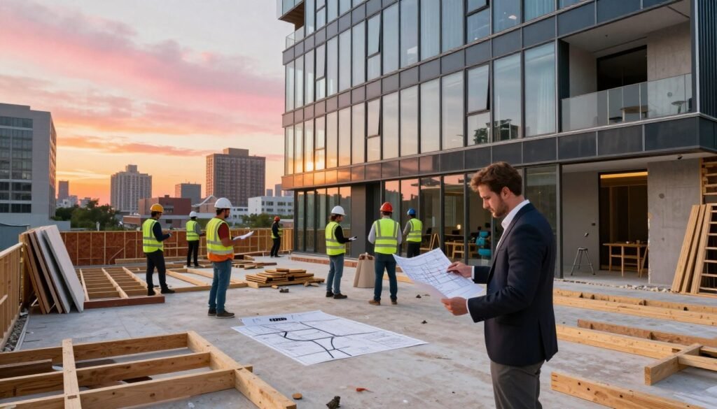 A modern office building transitioning into a stylish residential space, showcasing the conversion process in a vibrant urban setting. In the foreground, an architect in business attire examines blueprints, surrounded by construction materials like wood beams and drywall. The middle ground features workers in hard hats and reflective vests collaborating on the renovation, with partially completed apartments visible through large windows. The background showcases a city skyline at sunset, casting warm orange and pink hues against the glass facade of the office, hinting at the potential of office-to-residential transformations. The atmosphere is dynamic and hopeful, reflecting innovation and opportunity in real estate. Include the brand name "Thorne CRE" subtly integrated into the overall design.