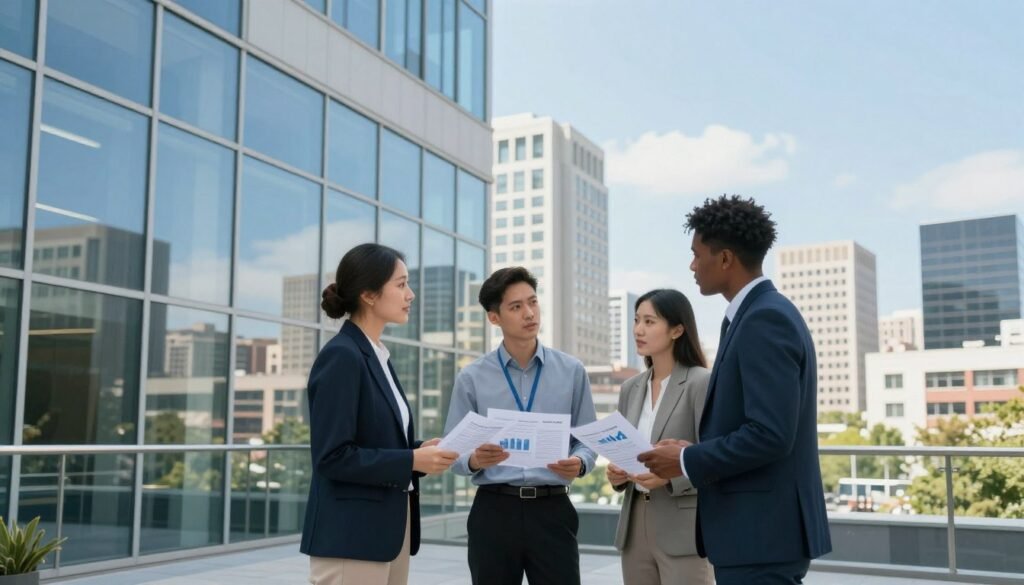 A modern office building with large glass windows reflecting a bright blue sky in the foreground, symbolizing growth and opportunity. In the middle ground, a diverse group of three professionals in smart business attire discusses financing strategies, surrounded by charts and documents. They are engaged and animated, conveying a sense of collaboration and creativity. In the background, the city skyline includes a mix of contemporary architecture and older office structures, representing the challenge of financing. Soft, natural daylight illuminates the scene, creating a positive and proactive atmosphere. The overall mood should inspire innovation and strategic thinking in real estate financing. Include a subtle branding element for "Thorne CRE" in the corner, ensuring it blends seamlessly into the image.