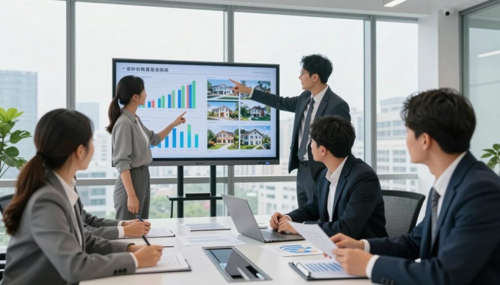 A modern office conference room bustling with activity, where diverse professionals in business attire are engaged in a strategic discussion about acquisition financing for commercial real estate. In the foreground, a group of three individuals—two men and one woman—are looking over financial documents and charts displayed on a sleek table. In the middle ground, a large digital screen showcases vivid graphs and real estate images, while two more colleagues actively participate, pointing towards the screen. The background features floor-to-ceiling windows revealing a cityscape outside, with natural light streaming in to create a bright and optimistic atmosphere. The entire scene conveys a mood of collaboration and opportunity, emphasizing the strategic importance of financing in the current market.