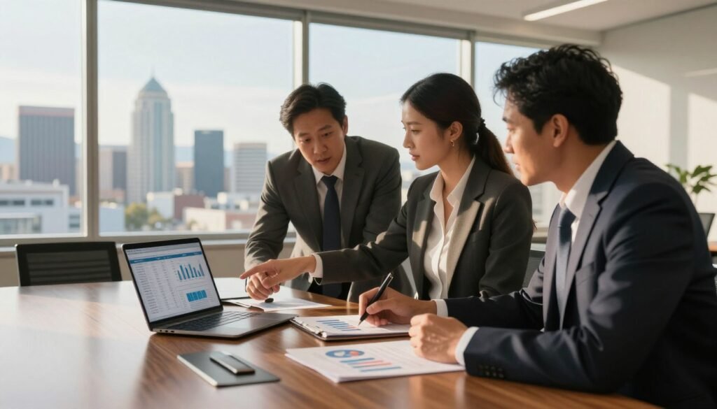 A modern office conference room in Nevada, showcasing a diverse group of three professionals in business attire engaged in a discussion about commercial mortgages. The foreground features a polished wooden table with financial documents and a laptop open displaying mortgage data. In the middle, the professionals—two men and one woman—lean forward, pointing to charts and graphs on the screen, reflecting a collaborative atmosphere. The background features large windows offering a panoramic view of Nevada's city skyline, bathed in warm, natural sunlight. Soft shadows from interior lighting create an inviting, focused mood, highlighting the importance of choosing the right lender. The angle is slightly elevated, capturing both the dynamic interaction of the team and the inspiring backdrop.