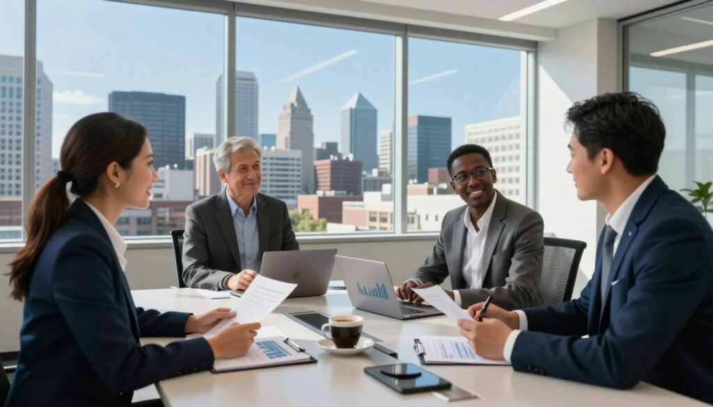 A modern office conference room set in a high-rise building in Wilmington, Delaware, showcasing a large glass window with the skyline view of the city. In the foreground, a diverse group of three business professionals, dressed in professional business attire, are engaged in a discussion over documents and a laptop displaying graphs of commercial real estate financing options. The middle ground features a sleek conference table adorned with financial reports and a coffee set. The background illustrates the bustling cityscape with clear blue skies and sunlight flooding the room, creating a bright and optimistic atmosphere. Use a wide-angle lens to capture the dynamic interaction and the professional ambiance, emphasizing clarity and focus on the group while maintaining a slight depth of field on the background.