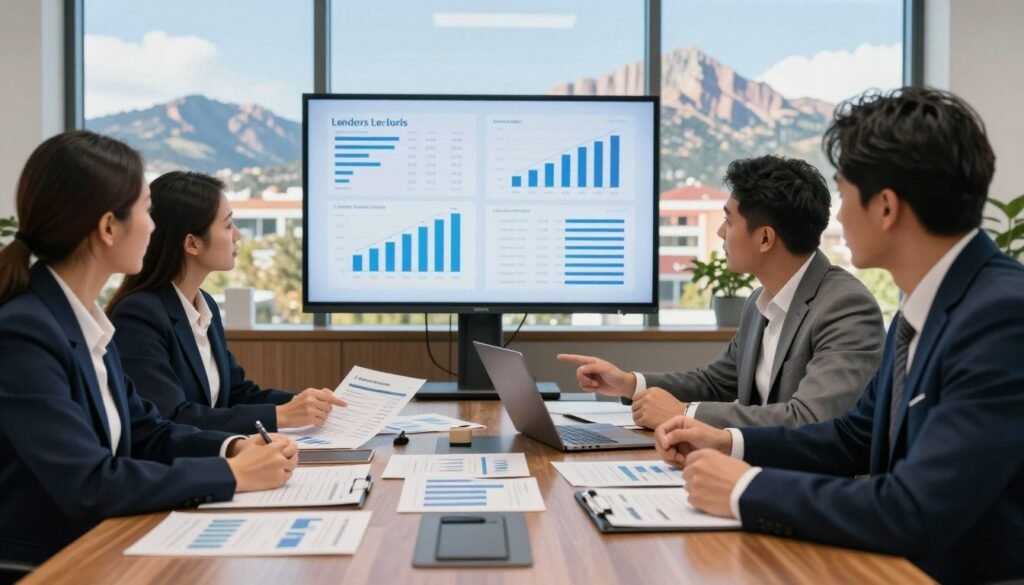 A modern office conference room setting, focusing on a polished wooden table surrounded by financial documents, spreadsheets, and a laptop. In the foreground, a diverse group of three business professionals in smart attire—two men and one woman—engaged in a serious discussion, pointing at graphs highlighting loan terms and underwriting criteria. The middle layer features various charts and graphs projected on a screen behind them, illustrating key metrics and evaluation standards for lenders. The background captures a large window showcasing a vibrant view of a Colorado skyline, with sunlight filtering in to create a warm and professional atmosphere. The overall mood conveys diligence and strategic decision-making in commercial real estate financing. The lighting is bright, with soft shadows to maintain focus on the subjects and materials present.