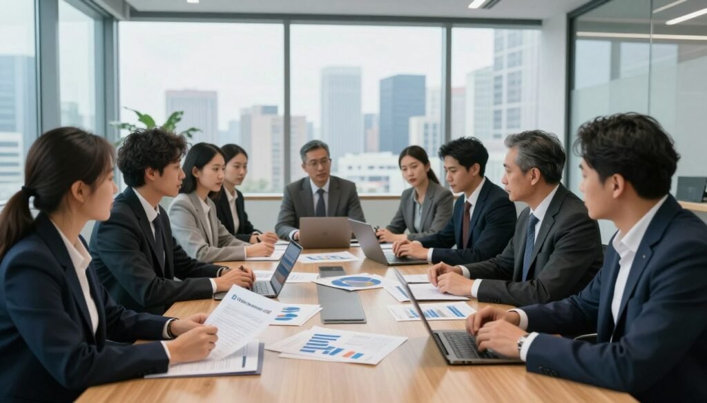 A modern office conference room setting with large glass windows illuminating the space with soft, natural light. In the foreground, a diverse group of business professionals, dressed in sharp business attire, engaged in a serious discussion over financial documents and digital devices, symbolizing the process of refinancing IOS assets. The middle ground features a sleek wooden conference table cluttered with charts and financial reports. In the background, a city skyline is visible through the windows, representing economic growth. The atmosphere is intense yet collaborative, reflecting a focused mood of analysis and strategy. The logo of "Thorne CRE" subtly integrated into a document on the table.