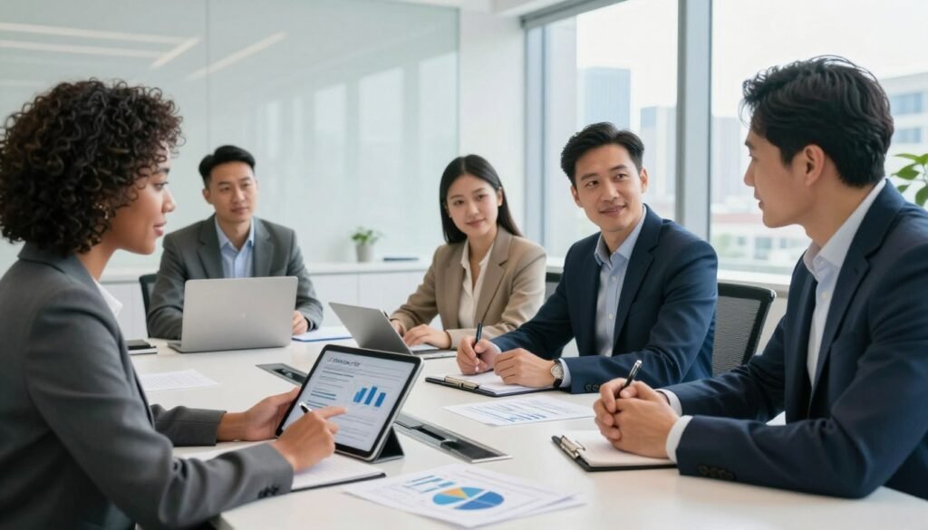 A modern office environment depicting a collaborative meeting between a diverse group of four professional advisors strategizing on refinancing IOS assets. In the foreground, a confident African American woman in business attire points to a tablet, while a Caucasian man in a suit takes notes. In the middle, a sleek conference table is strewn with financial documents and graphs, symbolizing value creation. The background features a large window with city skyline views, illuminated by natural light, creating a bright and optimistic atmosphere. The mood is focused yet collaborative, highlighting teamwork and professionalism. The image incorporates the brand name "Thorne CRE" subtly integrated into the office decor, ensuring a polished and cohesive look.