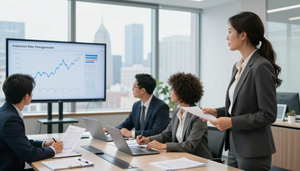 A modern office environment depicting a diverse group of professionals engaged in a discussion about interest rate management in commercial real estate financing. In the foreground, a confident woman in a tailored suit is presenting a graph showing fluctuating interest rates on a digital screen. In the middle ground, a group of three colleagues, including a man and another woman in business attire, attentively examine financial documents while seated at a sleek conference table. The background features large windows with a view of New York’s skyline, allowing natural light to illuminate the scene, creating an atmosphere of collaboration and strategic thinking. The overall mood is focused and professional, with a hint of urgency as they navigate financial risk management.