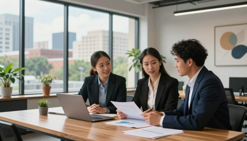 A modern office environment depicting an owner-occupied commercial loan scenario for a growing business. In the foreground, a diverse group of three professionals—two men and one woman—in business attire, are engaged in a discussion over financial documents and a laptop on a sleek wooden desk. In the middle ground, large windows reveal a view of a bustling South Carolina cityscape, with trees and blue skies, adding warmth to the atmosphere. The background features contemporary office decor, such as potted plants and abstract artwork. The lighting is bright and inviting, suggesting a productive work environment, captured with a slight depth of field to focus on the professionals while softly blurring the background. The mood is optimistic and collaborative, reflecting growth and opportunity in commercial real estate financing.