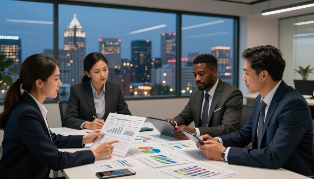A modern office environment depicting tax equity in commercial real estate, featuring a diverse group of four professionals in business attire engaged in a dynamic discussion around a large table filled with financial documents, charts, and models of mixed-use development. In the foreground, a woman pointing at a detailed report, next to a man analyzing a tablet. The middle ground shows a large window revealing a vibrant Kentucky skyline. The background features twinkling city lights at dusk, creating a sense of opportunity and growth. The lighting is warm and slightly dim, suggesting an intimate yet professional atmosphere. This image symbolizes collaboration and strategic planning, branded subtly with the name "Thorne CRE" incorporated into the office decor.