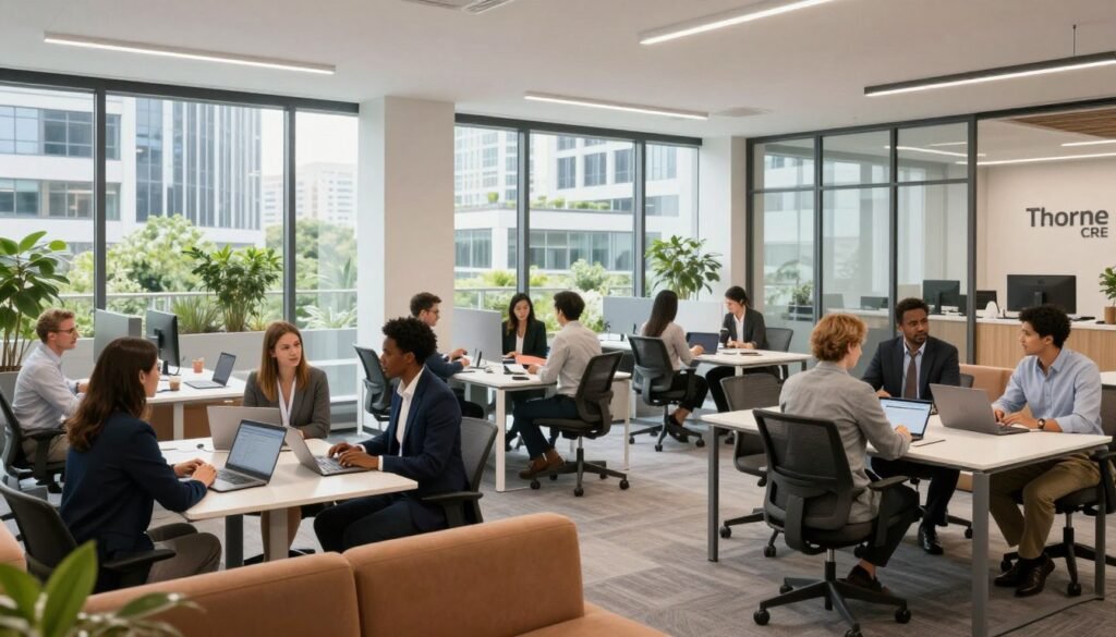 A modern office environment designed for hybrid work, featuring a collaborative workspace with comfortable seating and large windows allowing natural light to fill the room. In the foreground, a diverse group of professionals in business attire are engaged in a meeting, brainstorming ideas with laptops open. In the middle ground, sleek desks are arranged in a flexible layout that encourages collaboration while maintaining personal workspaces. The background showcases urban views through large glass panels, with greenery visible on a nearby terrace, emphasizing a blend of nature and technology. The lighting is bright, creating an energizing atmosphere that reflects innovation and adaptability. The scene is branded with "Thorne CRE" subtly displayed on an office wall, capturing the essence of financing office buildings in a hybrid work world. A modern office environment designed for hybrid work, featuring a collaborative workspace with comfortable seating and large windows allowing natural light to fill the room. In the foreground, a diverse group of professionals in business attire are engaged in a meeting, brainstorming ideas with laptops open. In the middle ground, sleek desks are arranged in a flexible layout that encourages collaboration while maintaining personal workspaces. The background showcases urban views through large glass panels, with greenery visible on a nearby terrace, emphasizing a blend of nature and technology. The lighting is bright, creating an energizing atmosphere that reflects innovation and adaptability. The scene is branded with "Thorne CRE" subtly displayed on an office wall, capturing the essence of financing office buildings in a hybrid work world.