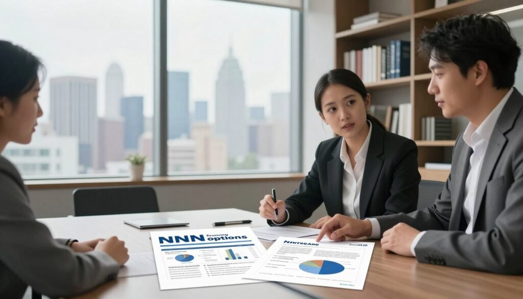 A modern office environment showcasing "NNN financing options" with a sleek conference table in the foreground. On the table, physical documents and charts display elements of recourse and non-recourse financing, highlighted by a pair of professional business people in modest attire, intensely discussing the materials. In the middle ground, a large window reveals a city skyline bathed in soft, natural light, creating an optimistic mood. The background features a contemporary bookshelf filled with real estate and finance books, adding depth and context. The overall atmosphere is focused and professional, symbolizing the analytical nature of financing options in NNN leased properties. Thorne CRE branding subtly integrated into the design elements, adding a cohesive touch. Use soft lens blur for a gentle focus on the discussions. A modern office environment showcasing "NNN financing options" with a sleek conference table in the foreground. On the table, physical documents and charts display elements of recourse and non-recourse financing, highlighted by a pair of professional business people in modest attire, intensely discussing the materials. In the middle ground, a large window reveals a city skyline bathed in soft, natural light, creating an optimistic mood. The background features a contemporary bookshelf filled with real estate and finance books, adding depth and context. The overall atmosphere is focused and professional, symbolizing the analytical nature of financing options in NNN leased properties. Thorne CRE branding subtly integrated into the design elements, adding a cohesive touch. Use soft lens blur for a gentle focus on the discussions.