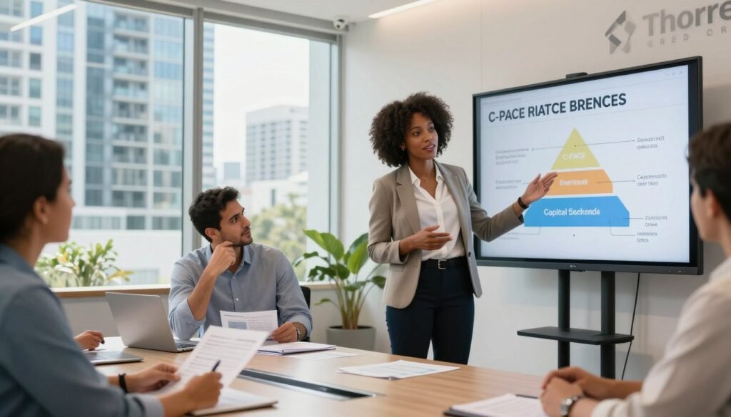 A modern office environment showcasing a diverse group of professionals discussing C-PACE financing strategies. In the foreground, a confident African-American woman in professional attire gestures towards a digital presentation on a large screen, illustrating capital stack benefits. The middle ground features a thoughtful Hispanic man analyzing financial documents on a sleek conference table, with a view of vibrant Florida skyscrapers through a large window bathed in natural light. In the background, the Thorne CRE logo is subtly displayed on a wall. The mood is collaborative and focused, emphasizing innovation and financial growth, with a warm, inviting atmosphere enhanced by soft lighting. A modern office environment showcasing a diverse group of professionals discussing C-PACE financing strategies. In the foreground, a confident African-American woman in professional attire gestures towards a digital presentation on a large screen, illustrating capital stack benefits. The middle ground features a thoughtful Hispanic man analyzing financial documents on a sleek conference table, with a view of vibrant Florida skyscrapers through a large window bathed in natural light. In the background, the Thorne CRE logo is subtly displayed on a wall. The mood is collaborative and focused, emphasizing innovation and financial growth, with a warm, inviting atmosphere enhanced by soft lighting.