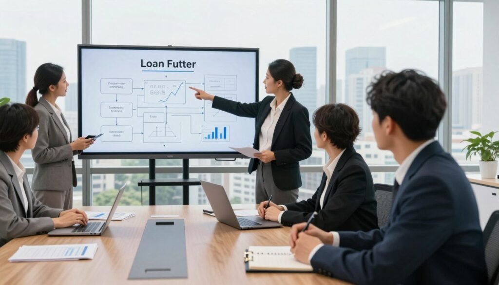A modern office environment showcasing a diverse group of professionals in business attire collaborating over a detailed loan structure diagram on a large screen. In the foreground, a well-dressed woman points to key financial elements, while a man takes notes. The middle ground features a sleek conference table with laptops, financial documents, and a notepad. The background displays a city skyline through large windows, with natural light flooding the room, creating an optimistic and focused atmosphere. The perspective is from a slight angle, capturing both the engaged team and the expansive view, with a warm color palette emphasizing professionalism and strategy.