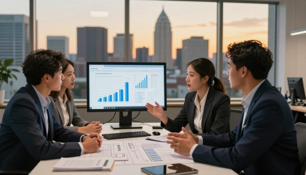 A modern office environment showcasing a dynamic meeting between professionals discussing construction funding. In the foreground, a diverse group of three business people—two men and one woman—are engaged in an animated conversation around a large table filled with blueprints and financial documents. They are dressed in professional business attire. In the middle ground, a large computer screen displays graphs and charts related to financing structures. The background features a large window with a view of the Kansas City skyline at dusk, with warm golden lighting creating an ambient atmosphere. The overall mood should convey collaboration and innovation in real estate finance. Include subtle branding elements of "Thorne CRE" in the scene, harmonizing with the setup.