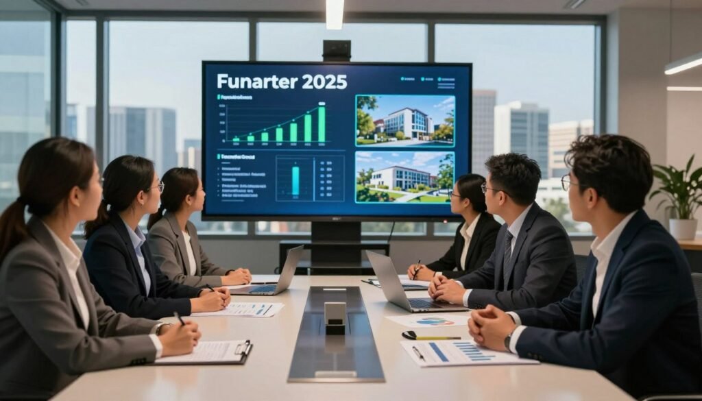 A modern office environment showcasing a dynamic real estate fundraising meeting for quarter 2025. In the foreground, a diverse group of professionals in business attire engages in a discussion around a sleek conference table, with financial charts and investment briefs spread out. Their expressions show a mix of determination and collaboration. The middle ground features a large digital screen displaying key fundraising metrics and attractive property visuals, glowing softly with blue and green tones. In the background, large windows reveal a skyline of modern buildings, under a clear sky. The scene is lit with warm, ambient lighting, enhancing a professional yet inviting atmosphere. Thorne CRE is subtly reflected on the conference table, symbolizing innovation in capital markets amidst a future-driven setting. A modern office environment showcasing a dynamic real estate fundraising meeting for quarter 2025. In the foreground, a diverse group of professionals in business attire engages in a discussion around a sleek conference table, with financial charts and investment briefs spread out. Their expressions show a mix of determination and collaboration. The middle ground features a large digital screen displaying key fundraising metrics and attractive property visuals, glowing softly with blue and green tones. In the background, large windows reveal a skyline of modern buildings, under a clear sky. The scene is lit with warm, ambient lighting, enhancing a professional yet inviting atmosphere. Thorne CRE is subtly reflected on the conference table, symbolizing innovation in capital markets amidst a future-driven setting.