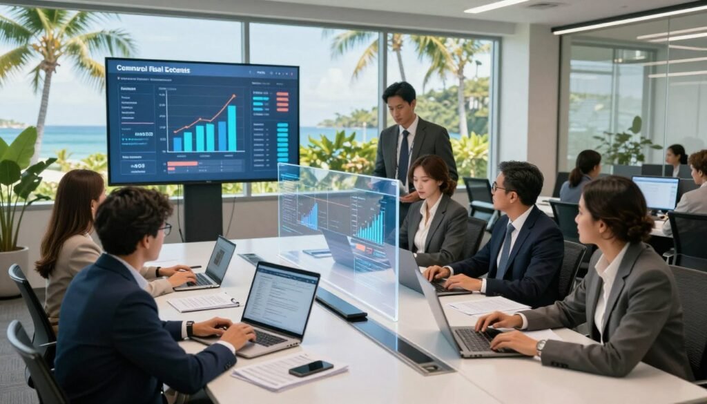 A modern office environment showcasing a streamlined lending process for commercial real estate. In the foreground, a diverse group of professionals in business attire is engaged around a sleek conference table with digital devices and financial documents. The middle layer features a transparent, interactive digital display showing graphs and metrics related to fast access to capital. In the background, large windows highlight a tropical Hawaiian landscape, symbolizing the unique market. The lighting is bright and natural, with soft shadows creating a welcoming atmosphere. The camera angle is slightly elevated, capturing the dynamic collaboration and focus of the team, surrounded by a sense of innovation and urgency.