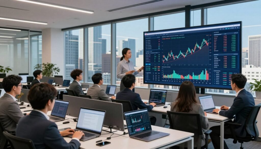 A modern office environment showcasing advanced capital markets technology. In the foreground, a diverse group of professionals in business attire is gathered around a large digital display screen, analyzing real-time market data and financial graphs. The middle ground features sleek workstation setups with high-tech laptops, integrated with cutting-edge financial software. In the background, expansive windows reveal a bustling cityscape under a bright blue sky, reflecting innovation and opportunity. Soft, ambient lighting highlights the professionalism of the space, while a warm, optimistic atmosphere permeates the scene. Incorporate a subtle logo of "Thorne CRE" on the digital screen, ensuring a clean and polished aesthetic. The perspective is a slightly elevated angle, emphasizing the collaborative spirit of the team as they engage with technology to transform capital markets access. A modern office environment showcasing advanced capital markets technology. In the foreground, a diverse group of professionals in business attire is gathered around a large digital display screen, analyzing real-time market data and financial graphs. The middle ground features sleek workstation setups with high-tech laptops, integrated with cutting-edge financial software. In the background, expansive windows reveal a bustling cityscape under a bright blue sky, reflecting innovation and opportunity. Soft, ambient lighting highlights the professionalism of the space, while a warm, optimistic atmosphere permeates the scene. Incorporate a subtle logo of "Thorne CRE" on the digital screen, ensuring a clean and polished aesthetic. The perspective is a slightly elevated angle, emphasizing the collaborative spirit of the team as they engage with technology to transform capital markets access.