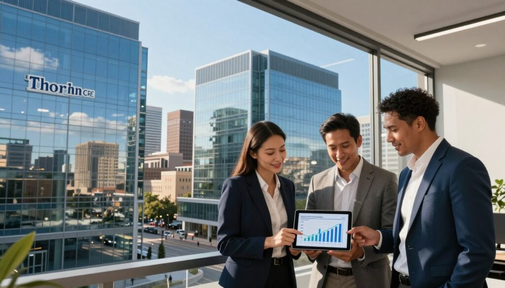 A modern office environment showcasing commercial real estate insights for Kansas investors. In the foreground, a diverse group of three professionals in business attire—two men and one woman—collaboratively analyzing financial graphs on a digital tablet. The middle layer features sleek glass office buildings with Kansas architecture reflecting the sky, symbolizing growth and opportunity. The background shows a city skyline under a clear blue sky, with warm sunlight illuminating the scene, casting soft shadows. The atmosphere conveys a sense of optimism and strategic planning in a post-pandemic market. Include the brand name "Thorne CRE" subtly integrated into the office space design.