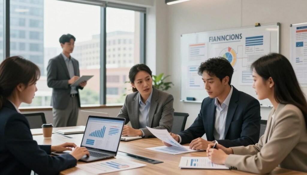A modern office environment showcasing diverse business professionals engaged in discussions about loan solutions. In the foreground, a male and female professional, both dressed in business attire, are analyzing financial documents on a sleek conference table with a laptop displaying graphs and statistics. The middle ground features large windows with natural light streaming in, revealing a view of a bustling Texas cityscape with commercial buildings. In the background, a whiteboard filled with strategic infographics and flowcharts highlights various financing options. The overall atmosphere is collaborative and focused, with warm lighting illuminating the space, creating a sense of professionalism and opportunity within the commercial real estate sector.