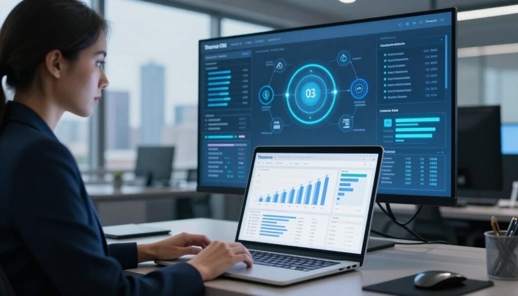 A modern office environment showcasing loan underwriting technology. In the foreground, a sleek laptop displays analytical graphs and dynamic data visualizations, symbolizing advanced analytics in loan evaluation. To the left, a professional businesswoman, dressed in smart business attire, is engaged with the technology, her expression focused and determined. In the middle ground, a digital screen presents a flow of data with icons representing cash flow, risk assessment, and combined debt metrics, illuminating the surrounding space with a soft blue light. In the background, large windows reveal a city skyline, adding depth to the scene and creating a sense of progress. The overall atmosphere is one of innovation and professionalism. The branding "Thorne CRE" is subtly integrated into the digital interface design, ensuring a cohesive look.