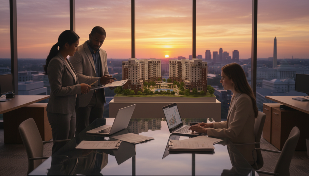 A modern office environment showcasing the concept of multifamily investment loans, focusing on stabilized apartment buildings. In the foreground, a diverse group of three professionals in business attire engaged in a discussion over financial documents and laptop displays. The middle ground features a large, well-designed architectural model of a multifamily apartment complex, with lush landscaping and clear, inviting facades. In the background, large windows reveal a vibrant urban skyline of Washington at sunset, with warm golden light creating a welcoming atmosphere. The image should convey a sense of collaboration and strategic planning in commercial real estate financing. The lighting should be soft yet illuminating, resembling natural light filtering through the office, captured in a wide-angle perspective for an immersive feel. A modern office environment showcasing the concept of multifamily investment loans, focusing on stabilized apartment buildings. In the foreground, a diverse group of three professionals in business attire engaged in a discussion over financial documents and laptop displays. The middle ground features a large, well-designed architectural model of a multifamily apartment complex, with lush landscaping and clear, inviting facades. In the background, large windows reveal a vibrant urban skyline of Washington at sunset, with warm golden light creating a welcoming atmosphere. The image should convey a sense of collaboration and strategic planning in commercial real estate financing. The lighting should be soft yet illuminating, resembling natural light filtering through the office, captured in a wide-angle perspective for an immersive feel.
