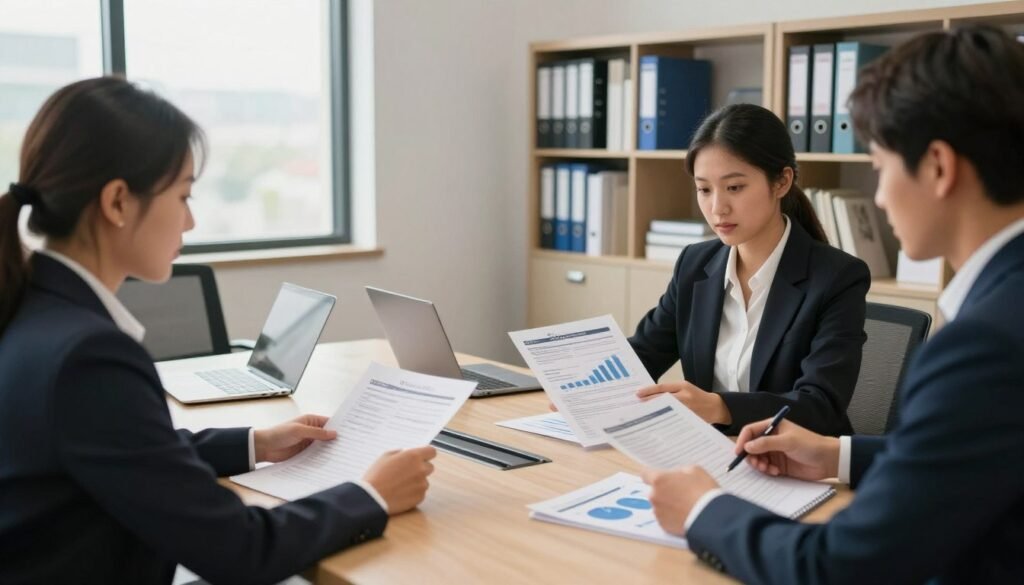 A modern office environment showcasing the underwriting process. In the foreground, diverse professionals in business attire—an authoritative underwriter analyzing documents, and a diligent loan officer presenting a well-organized loan package with charts and data. In the middle ground, a sleek conference table littered with reports, laptops, and financial documents, illuminated by warm, natural light streaming through large windows. In the background, shelves lined with binders and books about finance and mortgage practices, creating a professional atmosphere. Capture this scene from a slight low angle to emphasize the importance of the interaction. The overall mood should be focused and collaborative, illustrating efficiency and professionalism in the process of obtaining loan approval. Include a discreet logo of "Thorne CRE" on one of the filing cabinets.