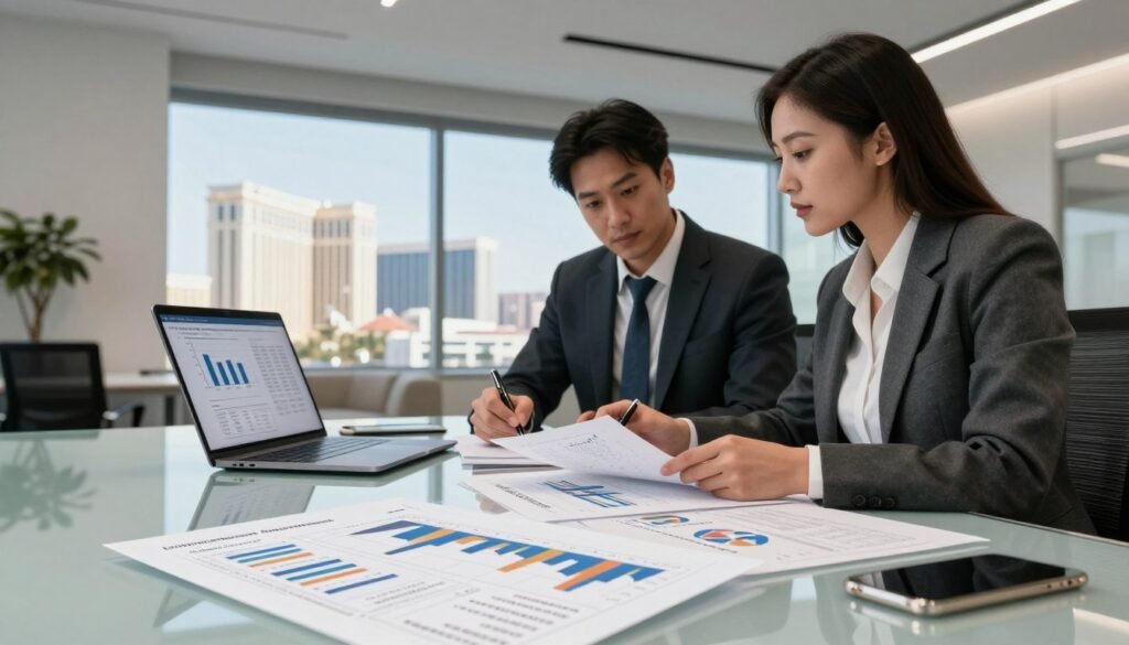 A modern office environment where two professionals in smart business attire, a man and a woman, are analyzing financial documents and charts on a sleek glass table. In the foreground, focus on detailed spreadsheets and a laptop showcasing graphs related to underwriting returns and investment metrics. The middle ground features a large window with a view of the Las Vegas skyline, signifying the Nevada hospitality market. The background includes a minimalist office design with contemporary decor and soft ambient lighting, creating a productive and sophisticated atmosphere. Use a low-angle perspective to emphasize the importance of the documents being reviewed. The overall mood should convey a sense of collaboration and focus on financial strategy. Include the brand name "Thorne CRE" subtly displayed in the office space.