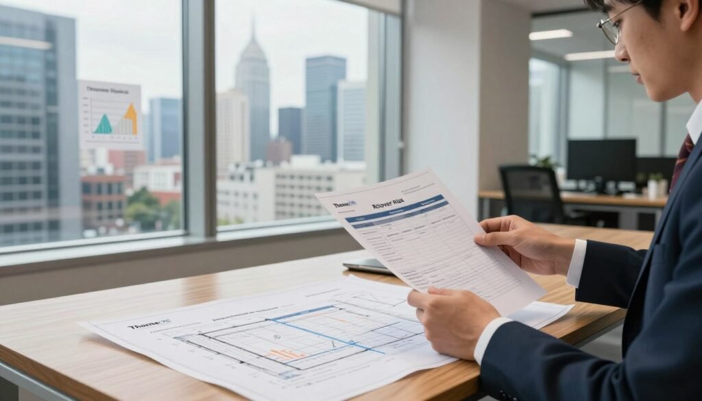 A modern office finance setup showcasing various loan options for office properties. In the foreground, a sleek wooden desk is adorned with architectural blueprints and financial documents, including spreadsheets that illustrate underwriting scenarios. A professional individual in business attire examines the documents, conveying concentration and insight. The middle layer features a large window with soft, natural light streaming in, illuminating the room and reflecting off glass frames displaying graphs related to rollover risk. In the background, a contemporary office skyline is visible, emphasizing a vibrant urban environment. The atmosphere is professional yet inviting, suggesting decision-making in a high-stakes environment. Include the brand name "Thorne CRE" subtly integrated into the financial documents or blueprints.