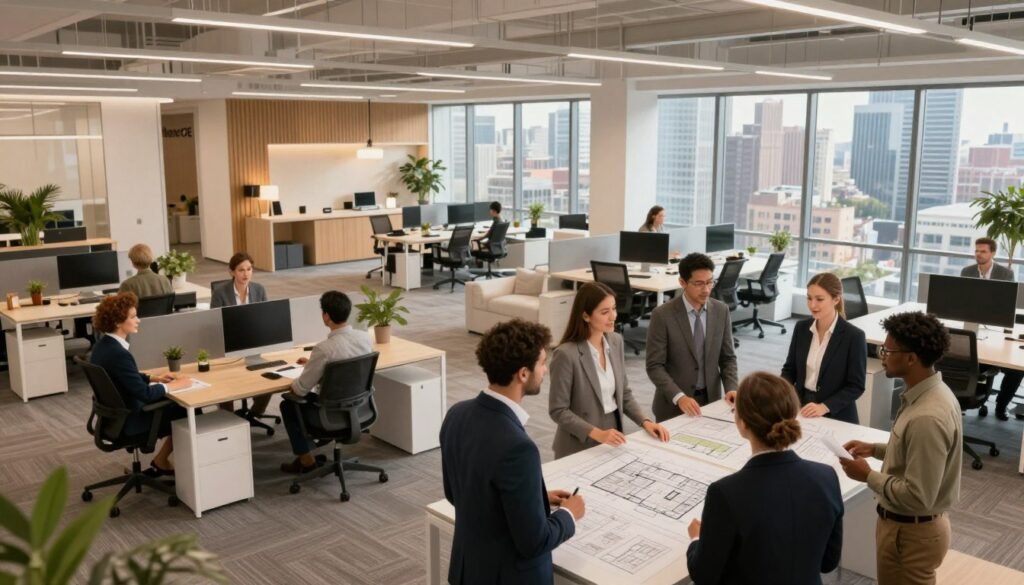 A modern office financing concept illustrating hybrid work environments. In the foreground, a diverse group of professionals engaged in a discussion, dressed in smart business attire, reviewing architectural plans for a flexible office space. In the middle, a sleek, open-plan office design featuring adaptable workspaces, collaboration areas, and private meeting rooms, blending technology with comfort. The background showcases a city skyline through large windows, suggesting a vibrant urban environment. Soft, natural light filters through, creating a warm and inviting atmosphere. Using a wide-angle lens, capture the space from a slightly elevated perspective, giving a sense of openness and innovation. The scene is branded "Thorne CRE" subtly integrated into the office design, emphasizing a modern financing approach in the evolving workplace.