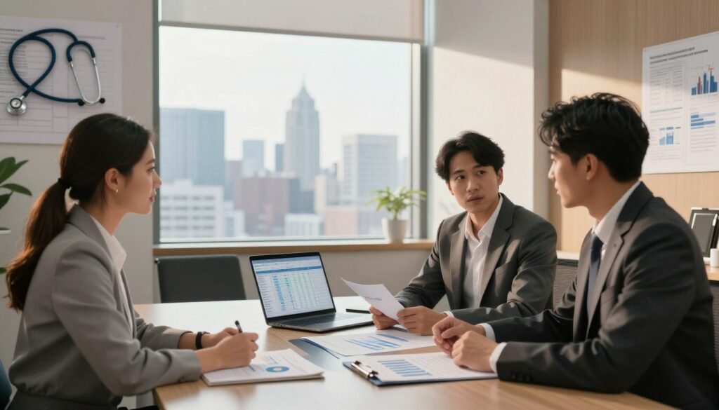 A modern office financing scene illustrating the contrasts between medical and traditional office settings. In the foreground, a diverse group of two professionals, a Caucasian woman and an Asian man, both dressed in smart business attire, are engaged in a discussion at a sleek conference table covered with financial reports, charts, and a laptop displaying a budget spreadsheet. The middle ground features a large window revealing a city skyline, filling the room with natural light and casting soft shadows. In the background, images of traditional office decor blend with elements of a medical office, like a stethoscope and medical charts, symbolizing the differences in financing needs. The atmosphere is focused and professional, illuminated with warm lighting that conveys a sense of collaboration and decision-making. Include the brand name "Thorne CRE" subtly represented on a document on the table. A modern office financing scene illustrating the contrasts between medical and traditional office settings. In the foreground, a diverse group of two professionals, a Caucasian woman and an Asian man, both dressed in smart business attire, are engaged in a discussion at a sleek conference table covered with financial reports, charts, and a laptop displaying a budget spreadsheet. The middle ground features a large window revealing a city skyline, filling the room with natural light and casting soft shadows. In the background, images of traditional office decor blend with elements of a medical office, like a stethoscope and medical charts, symbolizing the differences in financing needs. The atmosphere is focused and professional, illuminated with warm lighting that conveys a sense of collaboration and decision-making. Include the brand name "Thorne CRE" subtly represented on a document on the table.