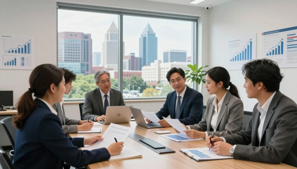A modern office financing scene in a corporate setting in South Carolina. In the foreground, a diverse group of professionals in business attire engaged in a discussion, reviewing documents and financial plans on a sleek conference table. In the middle, a large window reveals a view of South Carolina's skyline with contemporary commercial buildings and greenery. Ambient natural light floods the space, creating a vibrant atmosphere. The background features a well-decorated office with charts and graphs on the walls, symbolizing growth and financing strategies. The mood is collaborative and optimistic, emphasizing business success and financial planning in commercial real estate. Capture this moment from a mid-angle perspective to enhance depth and engagement.