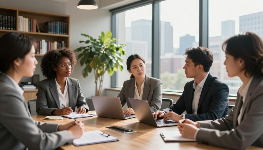 A modern office interior featuring a professional meeting in progress about commercial lending. Foreground: a diverse group of business professionals in smart business attire, including a Black woman and a Caucasian man, engaged in a serious discussion at a large conference table strewn with financial documents and a laptop. Middle ground: a large window showing the Chicago skyline on a sunny day, with natural light streaming in, enhancing the professional atmosphere. Background: a lush indoor plant and bookshelves filled with financial literature, conveying a sense of professionalism and trust. Warm lighting creates an inviting mood, and the focus is on collaboration and strategy in a contemporary urban environment. A modern office interior featuring a professional meeting in progress about commercial lending. Foreground: a diverse group of business professionals in smart business attire, including a Black woman and a Caucasian man, engaged in a serious discussion at a large conference table strewn with financial documents and a laptop. Middle ground: a large window showing the Chicago skyline on a sunny day, with natural light streaming in, enhancing the professional atmosphere. Background: a lush indoor plant and bookshelves filled with financial literature, conveying a sense of professionalism and trust. Warm lighting creates an inviting mood, and the focus is on collaboration and strategy in a contemporary urban environment.