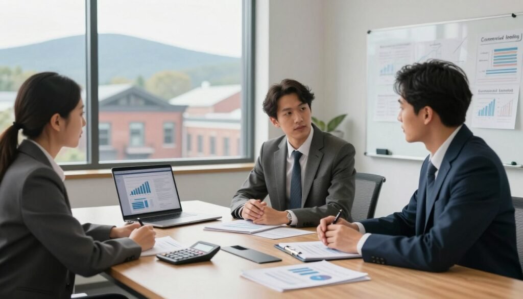 A modern office interior focused on commercial lending, featuring a sleek conference table with a diverse group of three professionals in business attire engaged in a discussion. The foreground shows a well-organized table with financial documents, calculators, and a laptop open with graphs and charts displayed. In the middle ground, a large window reveals a view of New Hampshire's picturesque skyline with traditional brick buildings. Soft, natural light streams in, illuminating the scene and creating a warm atmosphere. The background subtly showcases a whiteboard with strategic financial planning notes. The overall mood is professional, focused, and collaborative, emphasizing the importance of commercial lending in today's market.