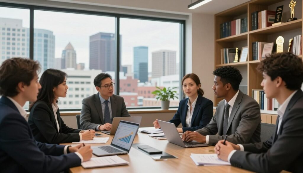 A modern office interior representing commercial real estate financing. In the foreground, a diverse group of professionals in business attire engage in discussion around a sleek conference table, with financial documents and a laptop displaying graphs. The middle ground features a large window revealing a city skyline of Oregon, showcasing contemporary buildings reflecting a vibrant economy. In the background, shelves filled with real estate books and awards suggest expertise and professionalism. Soft, natural lighting filters in, creating a warm atmosphere, while a slight blur on the edges enhances focus on the central action. The overall mood conveys ambition, collaboration, and strategic planning.