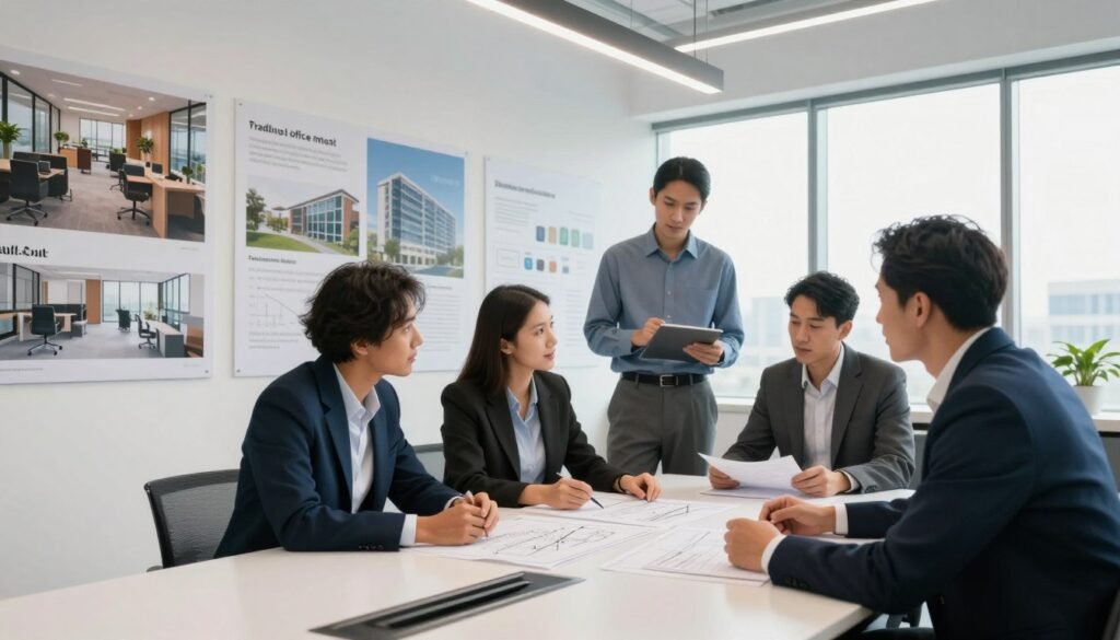 A modern office interior showcasing the concept of build-out financing. In the foreground, a diverse group of four professionals in business attire are engaging in a discussion around a sleek conference table, examining blueprints and financial documents. In the middle ground, there are walls adorned with visuals of office designs and financing options, highlighting the key differences between medical and traditional office build-out. The background features a large window with a bright, natural light streaming in, illuminating the space and creating a welcoming atmosphere. The mood is collaborative and dynamic, with a focus on innovation and growth. The branding "Thorne CRE" is subtly integrated into the design elements within the office. The angle captures the meeting from a slightly elevated perspective, providing depth and context to the scene. A modern office interior showcasing the concept of build-out financing. In the foreground, a diverse group of four professionals in business attire are engaging in a discussion around a sleek conference table, examining blueprints and financial documents. In the middle ground, there are walls adorned with visuals of office designs and financing options, highlighting the key differences between medical and traditional office build-out. The background features a large window with a bright, natural light streaming in, illuminating the space and creating a welcoming atmosphere. The mood is collaborative and dynamic, with a focus on innovation and growth. The branding "Thorne CRE" is subtly integrated into the design elements within the office. The angle captures the meeting from a slightly elevated perspective, providing depth and context to the scene.