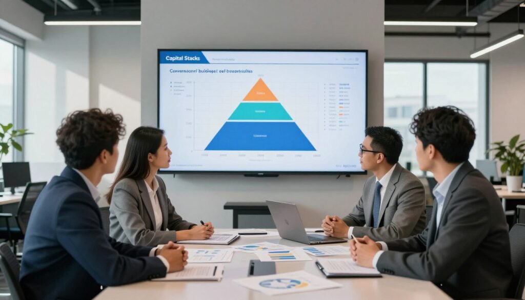 A modern office interior with a focus on self-storage financing. In the foreground, a diverse group of three professionals in business attire is engaged in discussion around a large table, covered with papers and financial models. The middle section features a large digital screen displaying graphs and charts related to capital stacks, illustrating data on the conversion of buildings into self-storage facilities. The background showcases a sleek, contemporary office setting with large windows allowing natural light to flood the space, casting soft shadows. The atmosphere is collaborative and focused, reflecting the strategic nature of financing. The logo "Thorne CRE" is subtly integrated into a visual element, emphasizing branding within the professional context.
