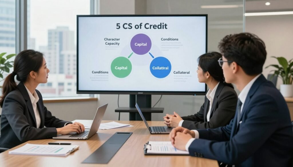 A modern office scene illustrating lenders making lending decisions. In the foreground, a diverse group of three professionals in smart business attire, engaged in focused discussion around a polished conference table filled with financial documents and digital devices. The middle layer features a large screen displaying the five Cs of credit—Character, Capacity, Capital, Conditions, and Collateral—infographic style. In the background, a cityscape through a window, representing growth and opportunity. Soft, natural lighting casts a warm ambiance, enhancing the serious yet hopeful mood. The perspective is from an angle that captures both the professionals and the screen clearly. Include elements that suggest professionalism and diligence, ensuring the image reflects the essence of sound lending decisions. Thorne CRE logo subtly integrated into the scene.