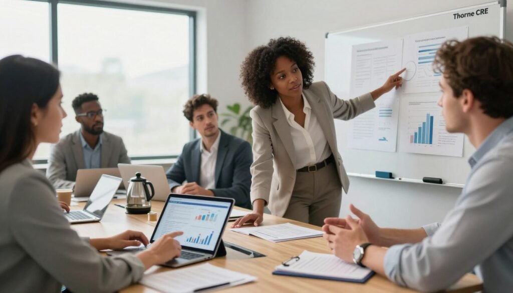 A modern office setting depicting a diverse group of professionals engaged in a discussion about loan restructuring approaches for commercial properties. In the foreground, a well-dressed African American woman points to a digital tablet displaying financial graphs, while a Caucasian man gestures towards a whiteboard filled with charts and strategies. In the middle ground, a conference table is adorned with documents, laptops, and a coffee pot, suggesting an active brainstorming session. The background features large windows letting in soft, natural light that creates a welcoming atmosphere. The ambiance conveys focus and collaboration, embodying professionalism. The image should include the brand name "Thorne CRE" subtly integrated into the scene, ensuring it remains harmonious and unobtrusive. The overall composition should be captured with a slight depth of field, emphasizing teamwork and strategic thinking.