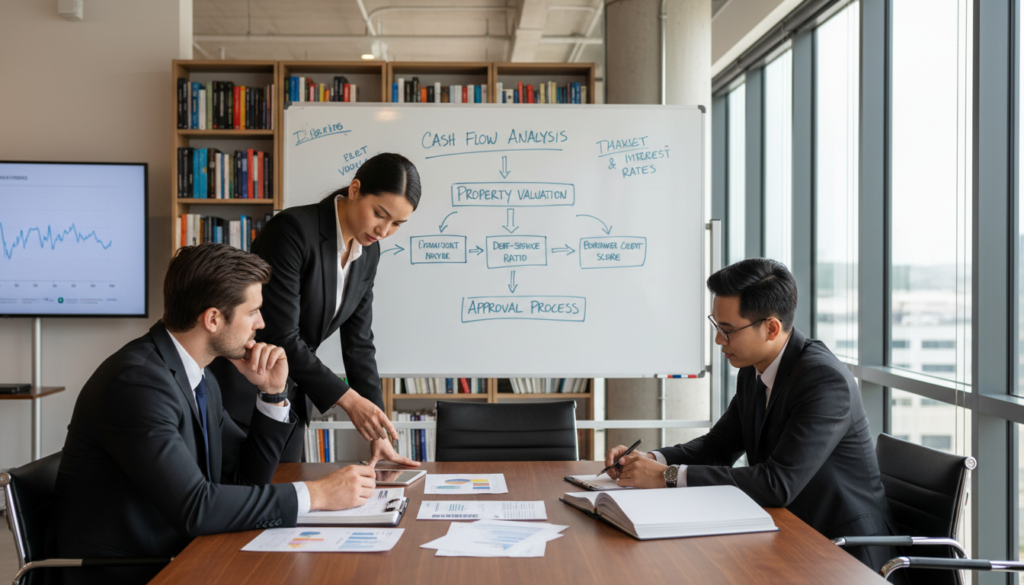 A modern office setting depicting the commercial lending process in action. In the foreground, a diverse group of three professionals in business attire—two men and one woman—are engaged in a discussion around a sleek conference table, with paperwork and financial charts spread out before them. In the middle ground, a large whiteboard displays key metrics related to loan evaluation, such as cash flow analysis and property valuation, illuminated by natural light coming from large windows. In the background, bookcases filled with finance literature and a large screen showing a graph of market trends. The atmosphere is focused and collaborative, conveying a sense of strategic decision-making and professionalism. The lighting is bright and inviting, enhancing the mood of productivity. A modern office setting depicting the commercial lending process in action. In the foreground, a diverse group of three professionals in business attire—two men and one woman—are engaged in a discussion around a sleek conference table, with paperwork and financial charts spread out before them. In the middle ground, a large whiteboard displays key metrics related to loan evaluation, such as cash flow analysis and property valuation, illuminated by natural light coming from large windows. In the background, bookcases filled with finance literature and a large screen showing a graph of market trends. The atmosphere is focused and collaborative, conveying a sense of strategic decision-making and professionalism. The lighting is bright and inviting, enhancing the mood of productivity.