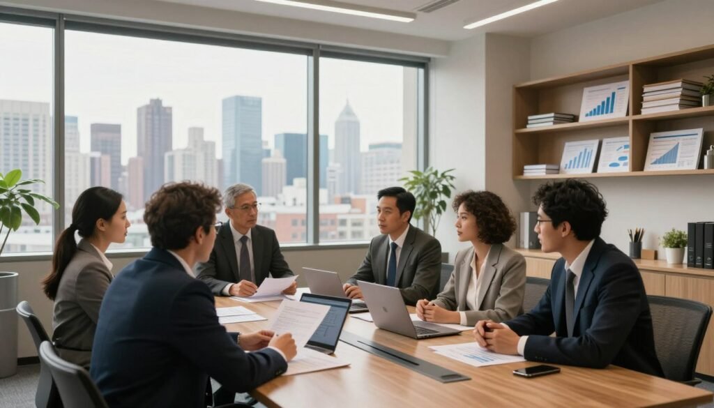A modern office setting depicting the concept of Conventional Commercial Real Estate (CRE) Financing. In the foreground, a diverse group of professionals in business attire is engaged in a discussion around a large conference table with documents and a laptop open, emphasizing collaboration. The middle ground features a large window showcasing a city skyline, symbolizing economic growth and opportunity. In the background, a well-furnished office with shelves of financial reports and graphs highlights the analytical aspect of conventional financing. Soft, natural lighting filters through the window, creating a warm and inviting atmosphere. The overall mood is focused and professional, reflecting the importance of informed financial decisions in the CRE sector. Include the brand name "Thorne CRE" discreetly in the decor without any text.