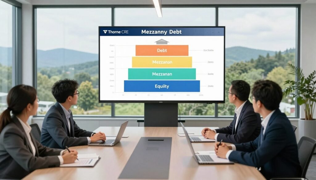 A modern office setting depicting the concept of mezzanine debt in the context of commercial real estate. In the foreground, a sleek conference table surrounded by professionals in smart business attire, discussing financial documents. The middle ground features a large screen displaying architectural renderings of a Vermont commercial property, highlighting different layers of the capital stack: debt, mezzanine, and equity, visually represented with gradients. The background shows floor-to-ceiling windows revealing a panoramic view of Vermont's green landscape. Soft, natural lighting pours into the room, creating a productive atmosphere. Use a slightly elevated angle for depth, capturing a sense of professionalism and collaboration. The brand "Thorne CRE" subtly integrated into a chart displayed on the screen, emphasizing their focus on smart financing solutions.