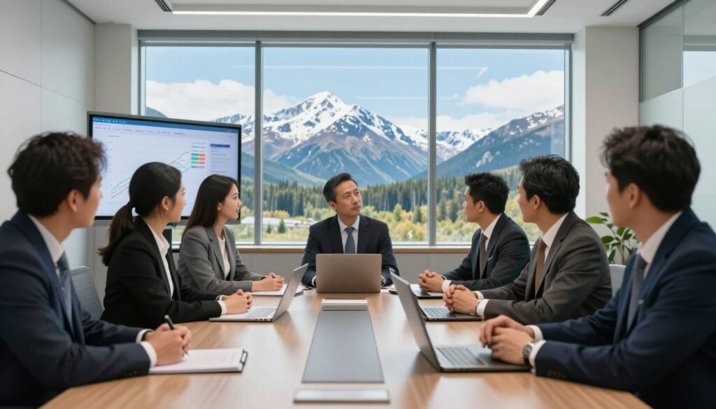 A modern office setting featuring a diverse group of professionals in business attire gathered around a sleek conference table, engaged in a strategic discussion about government funding for real estate development in Alaska. In the foreground, a detailed financial chart showing public capital allocations is visible on a digital screen. The middle ground includes a large window displaying a panoramic view of the Alaskan landscape, with mountains and forests under a clear blue sky, symbolizing opportunity and growth. The lighting is bright and natural, highlighting the professionalism and optimism in the room. The atmosphere is focused and collaborative. In one corner of the room, the brand name "Thorne CRE" is subtly incorporated into the office branding.