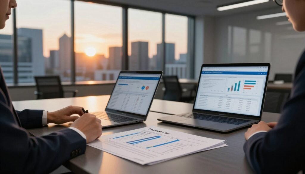 A modern office setting featuring a sleek conference table with financial documents and graphs related to self-storage loan rates prominently displayed. In the foreground, a professional business person in smart attire, with a laptop open showing data analysis on self-storage financing. The middle ground includes a large window revealing an urban skyline at sunset, with warm golden hues streaming in, creating a dynamic contrast against the cool tones of the office. In the background, subtle images of self-storage units are visible through the window, suggesting the subject matter. The atmosphere is serious yet optimistic, reflecting a thriving financial market. The image should include the brand name "Thorne CRE" subtly incorporated within the document on the table.