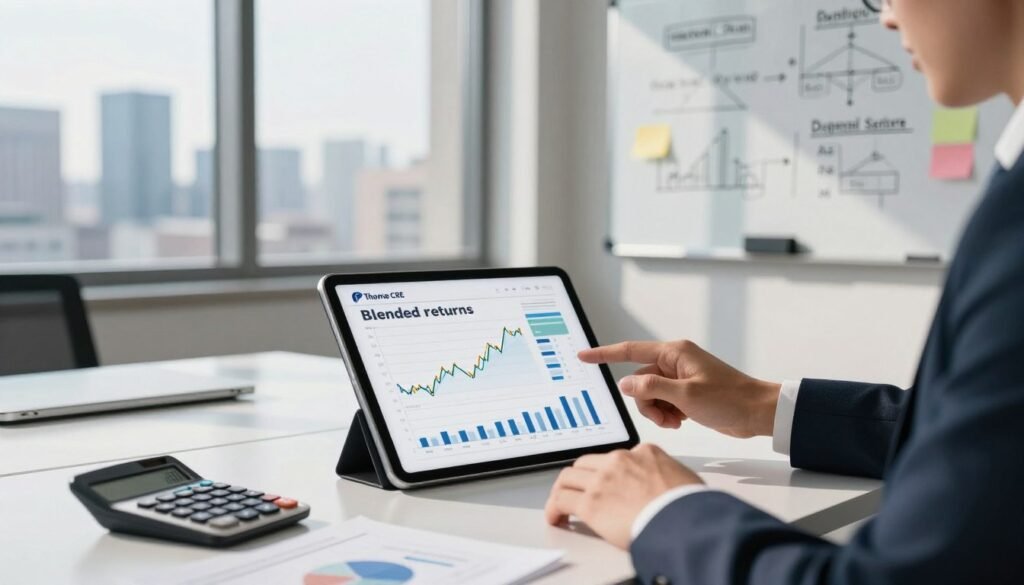 A modern office setting featuring a sleek desk with a digital tablet displaying a detailed graph illustrating blended returns calculations. In the foreground, a well-dressed professional, wearing a smart suit, is analyzing the tablet closely, with a calculator and financial documents surrounding them. The middle ground shows a large window revealing a city skyline, symbolizing financial growth, while ambient natural light casts soft shadows across the scene, enhancing the professionalism. In the background, a whiteboard with financial formulas, sketches of capital structures, and color-coded notes is visible, contributing to a collaborative atmosphere. The overall mood should feel focused and analytical, with an emphasis on clarity and strategic thinking related to the concept of blended returns. Include the brand identity "Thorne CRE" subtly within the design of the digital tablet screen.