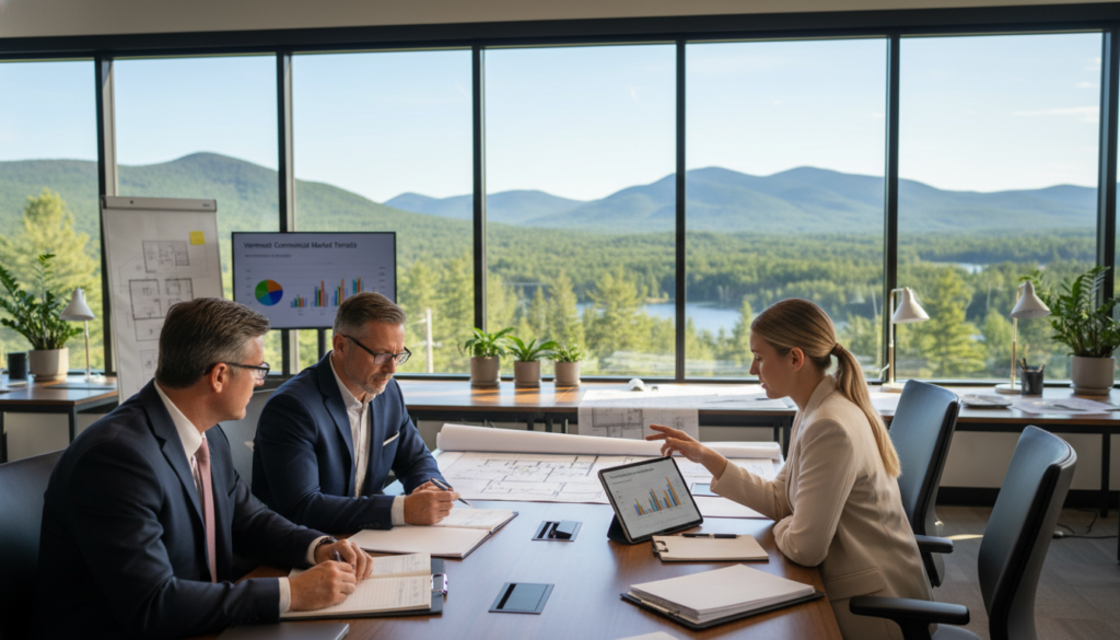 A modern office setting focused on commercial real estate financing in Vermont, showcasing a diverse group of professionals in business attire engaged in discussions around underwriting priorities. In the foreground, a middle-aged man with glasses reviews financial documents on a conference table, while a young woman pointing to a digital tablet presents market data. The middle ground features a sleek glass window overlooking the lush Vermont landscape, with a mix of modern office décor and real estate blueprints scattered across the table. The background shows a serene view of mountains under a clear blue sky, illuminating the room with natural light. The mood is collaborative and strategic, conveying a sense of professionalism and focus on financial decision-making.
